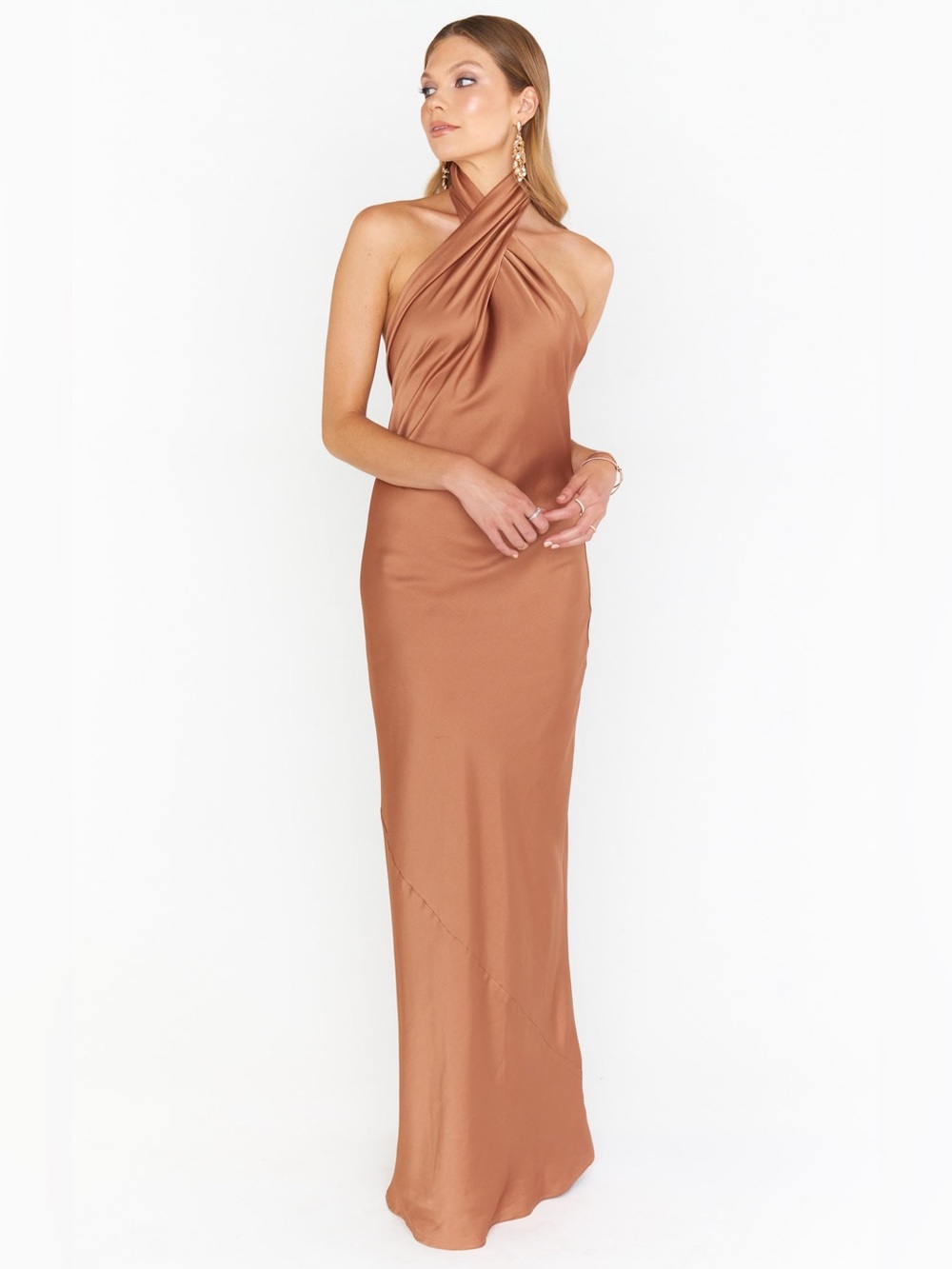 Show Me Your Mumu Jasmine Halter Maxi Dress | Medium | Copper Luxe Satin
